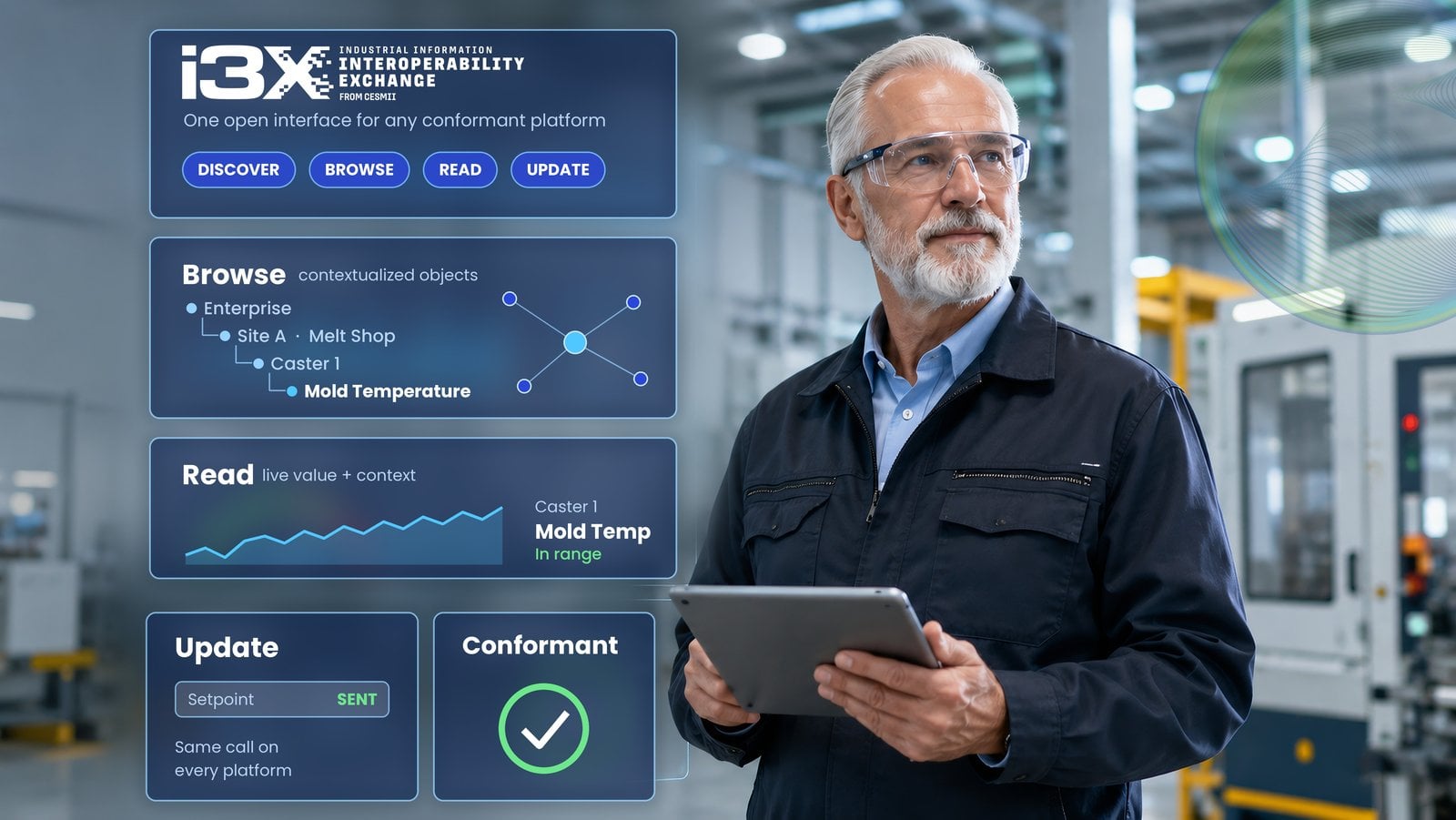 Plant engineer with i3X data panels on the factory floor